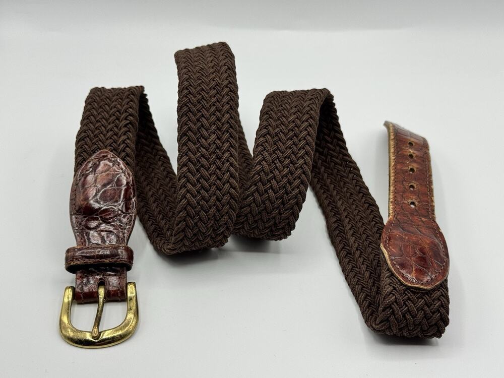 Crookhorn Mens Hampton Brown Braided Stretch Belt Croc Print Leather Brass Sz 40